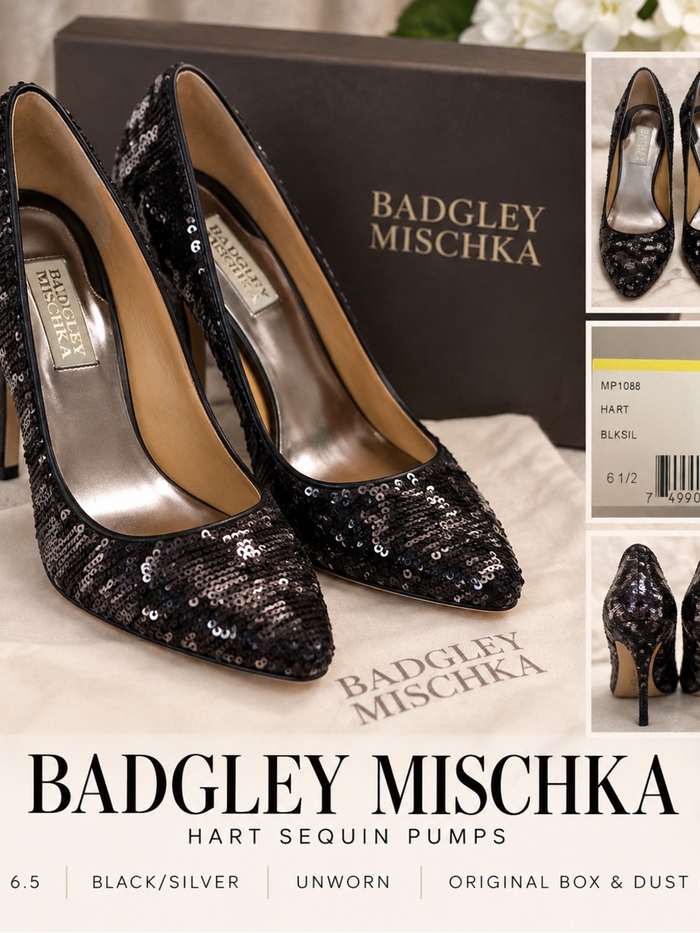 NWOT- Badgley Mischka Black Sequin Pointed-Toe Pumps (HART)
